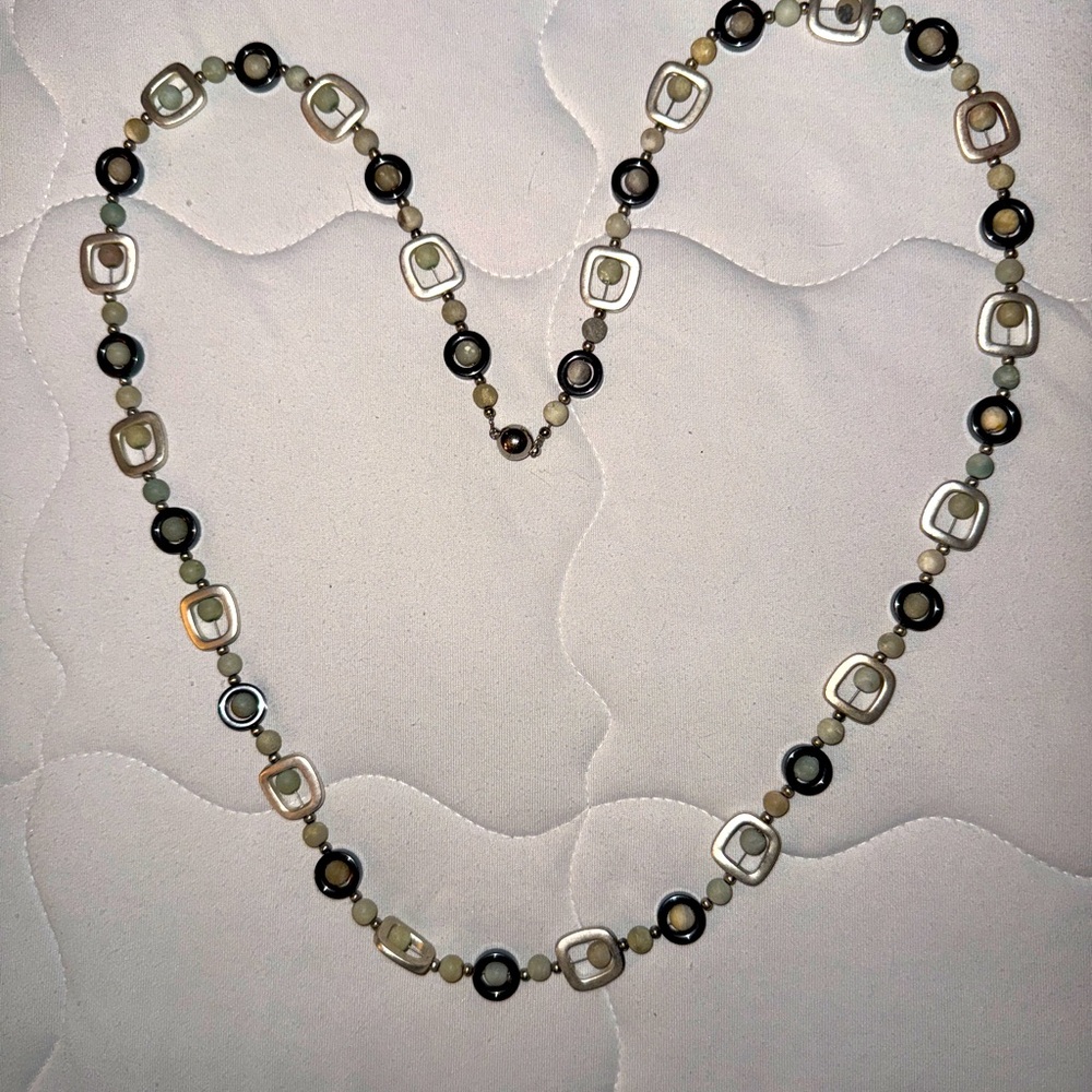 Brushed Silver Geometric Shape And Gray And Brown Seed Pearl Necklace EUC